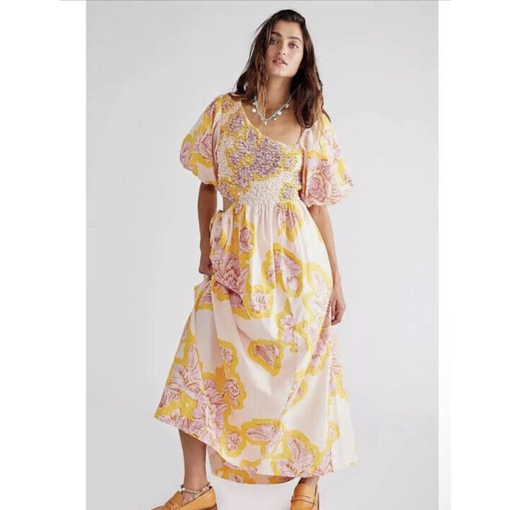Free People Sz M Kalina Printed Maxi Dress Cut Out